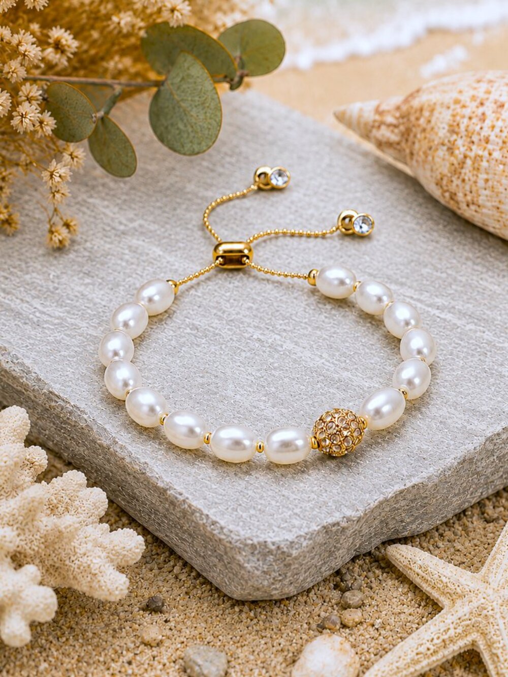 Pearl Gold Adjustable Bracelet Pavé Crystal Bead Bridal Wedding Beach Vacation